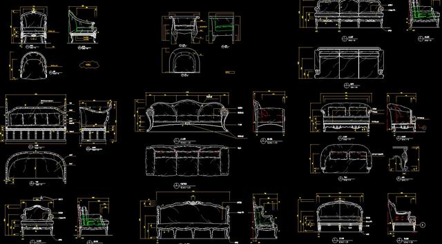 室内设计沙发cad图库家具三视图生产图纸图样软包实木沙发