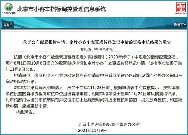 北京新一批小客车摇号申请审核结果今日公布