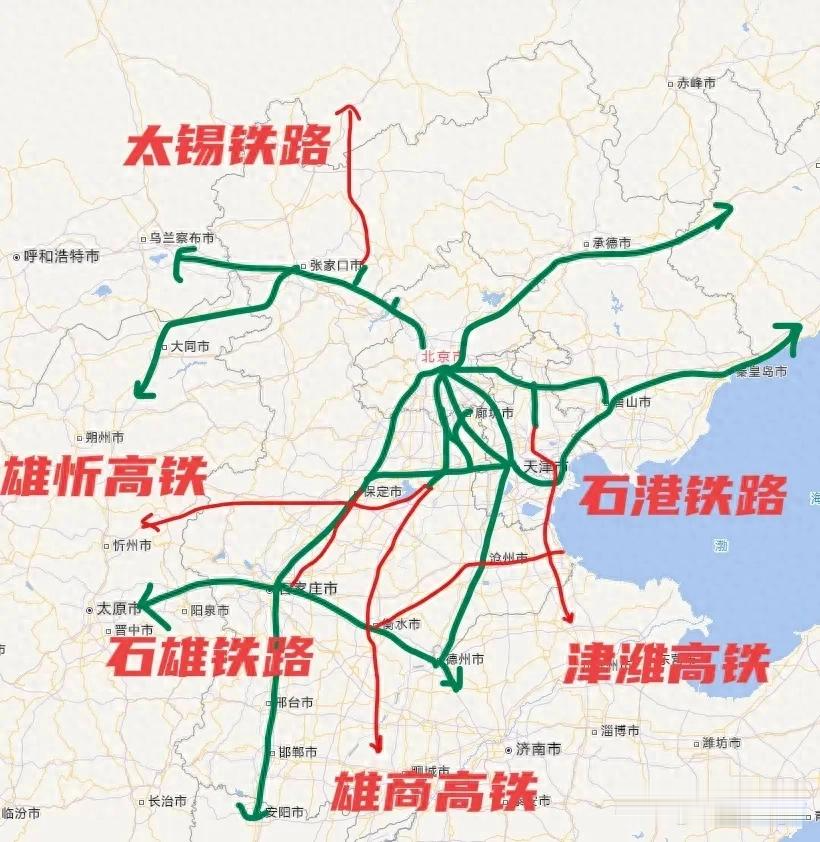 京津冀为北京,天津,河北三省,在建高铁8条,每年都有新线开通