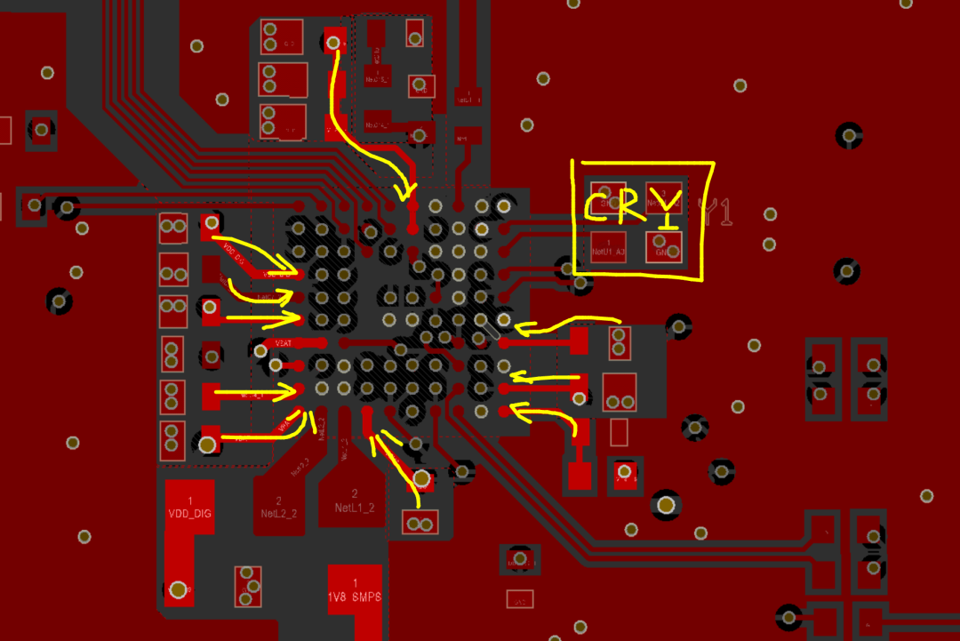 走线受pcb板边框小的限制,smps滤波电容被迫放在bot底层的走线方法