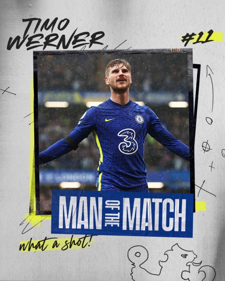 切尔西官方:维尔纳当选与南安普顿一战队内最佳球员