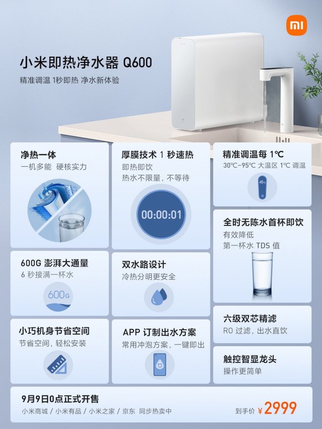 小米即热净水器q600今日发售 600通量95度调温