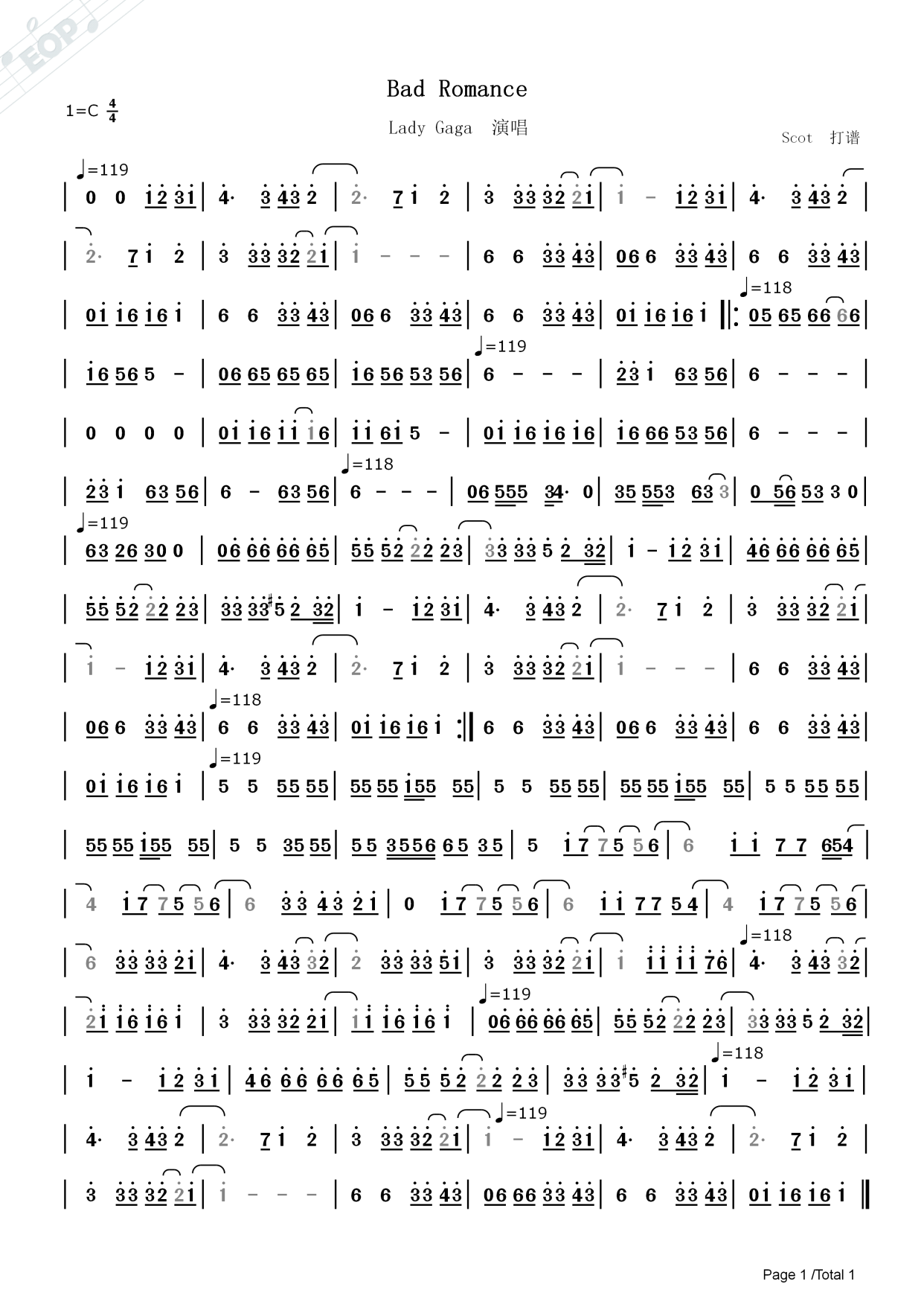 「欧美经典歌曲」bad romance_lady gaga演唱——动态简谱