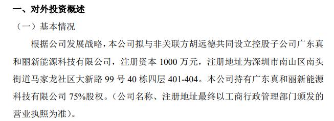 真和丽拟与非关联方胡远德共同投资1000万元设立控股子公司