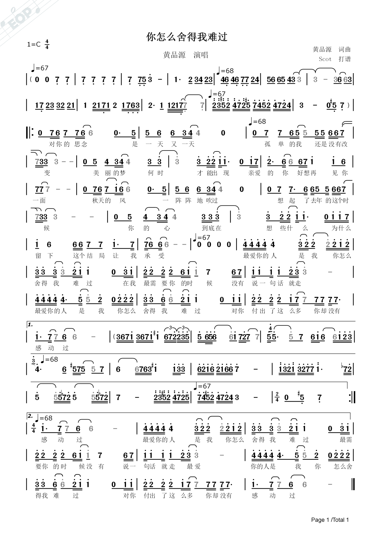 「经典老歌」你怎么舍得我难过_黄品源演唱——动态简谱