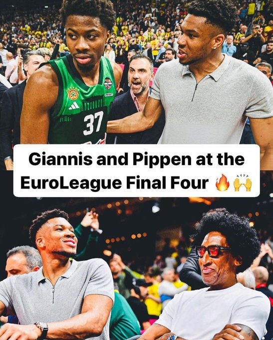 字母哥和皮蓬现场观战欧篮联半决赛 俩人并排坐在一起!