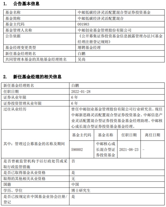 中郵低碳經濟混合增聘基金經理白鵬 開年虧損10.58%