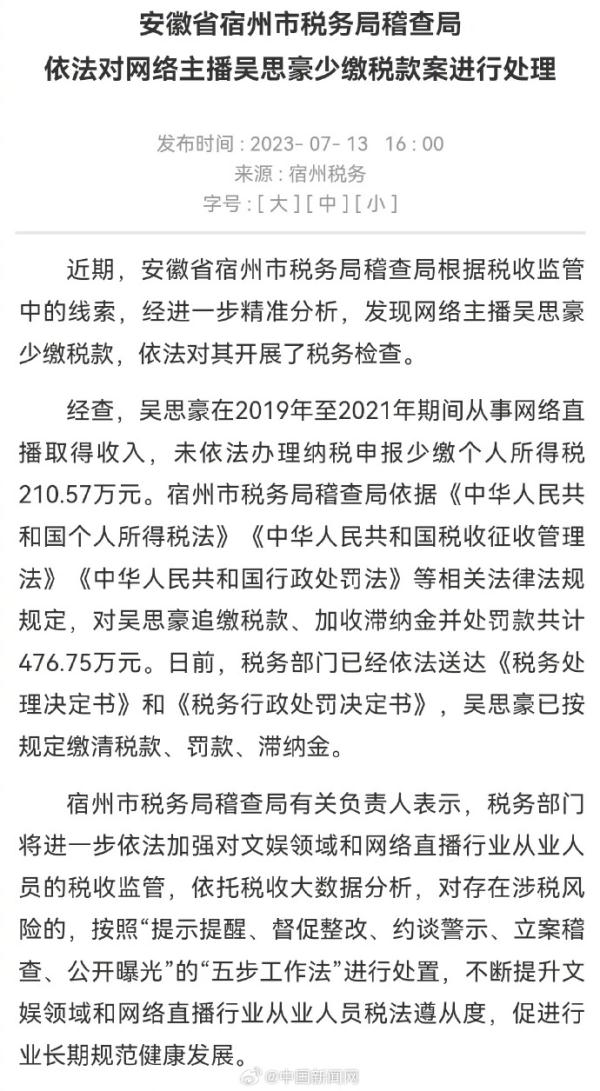 网络主播吴思豪少缴税款,被罚476.75万元