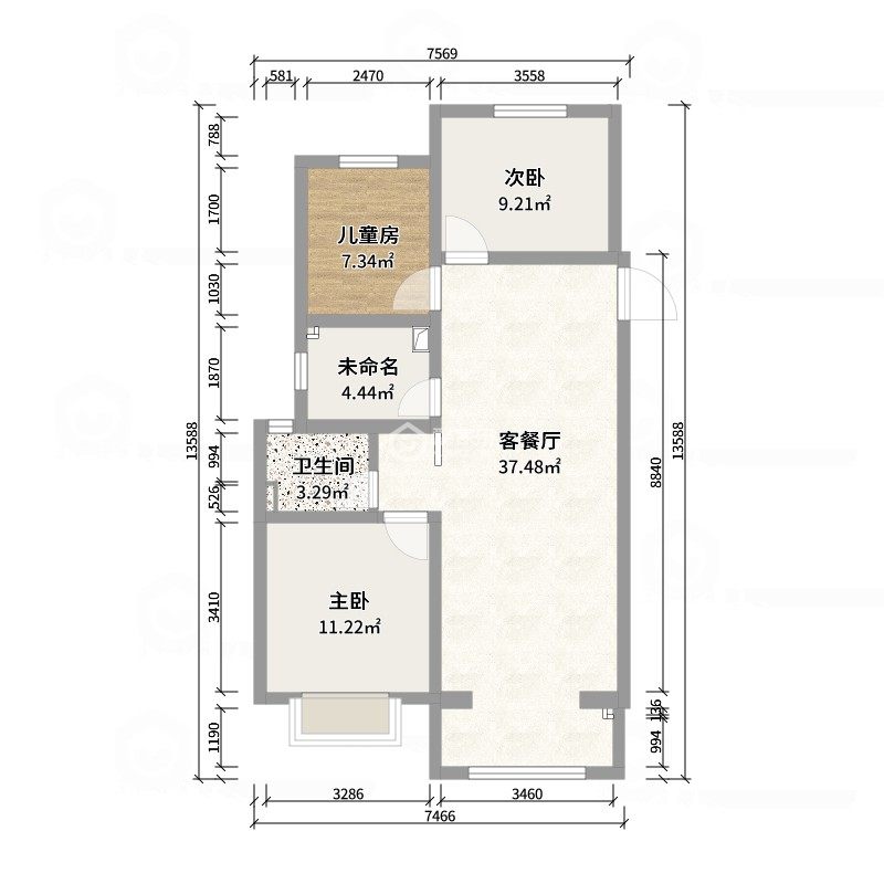 88平米三居室奶油风
