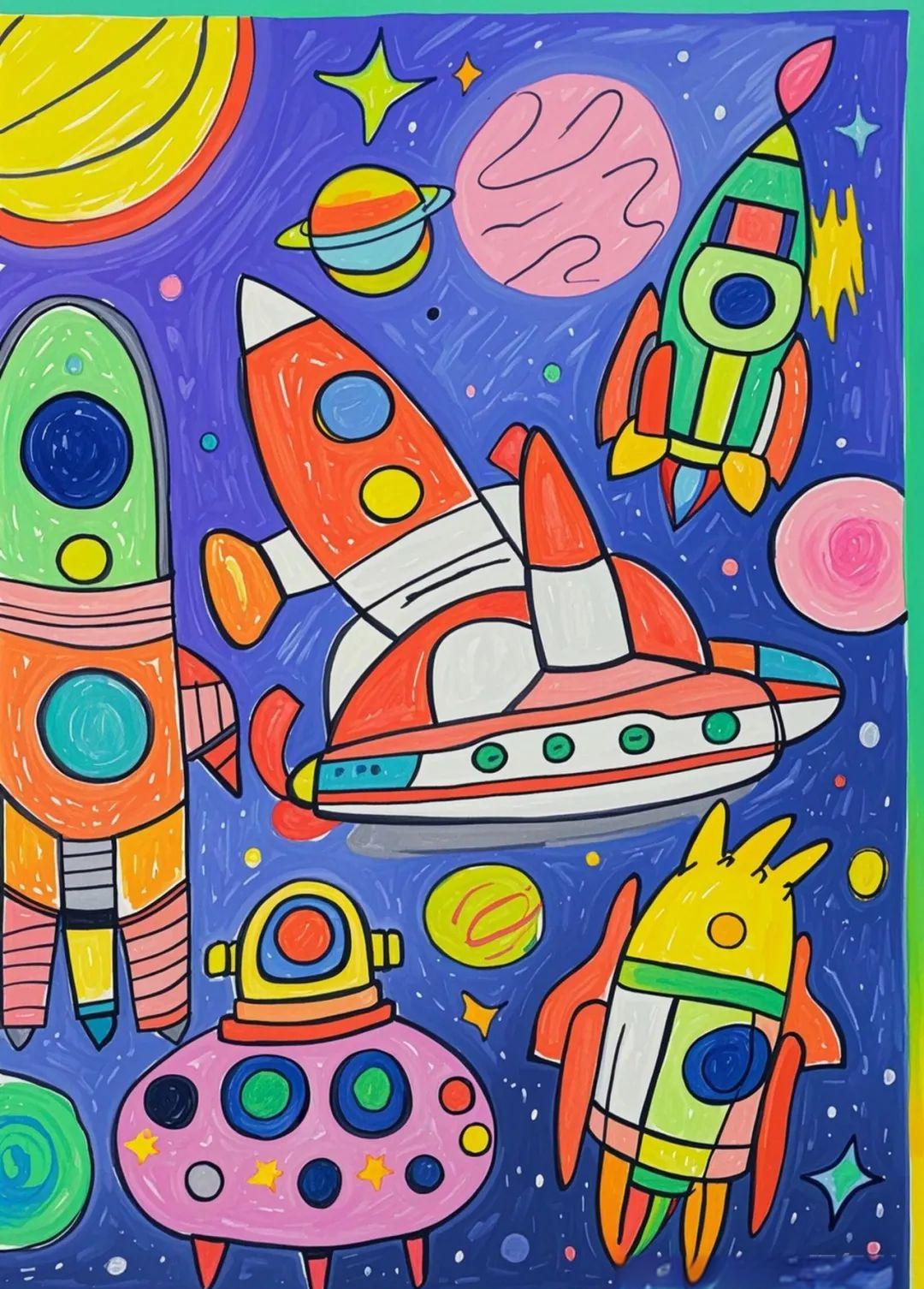 众多航天航空科幻科技主题绘画,儿童参赛获奖作品素材