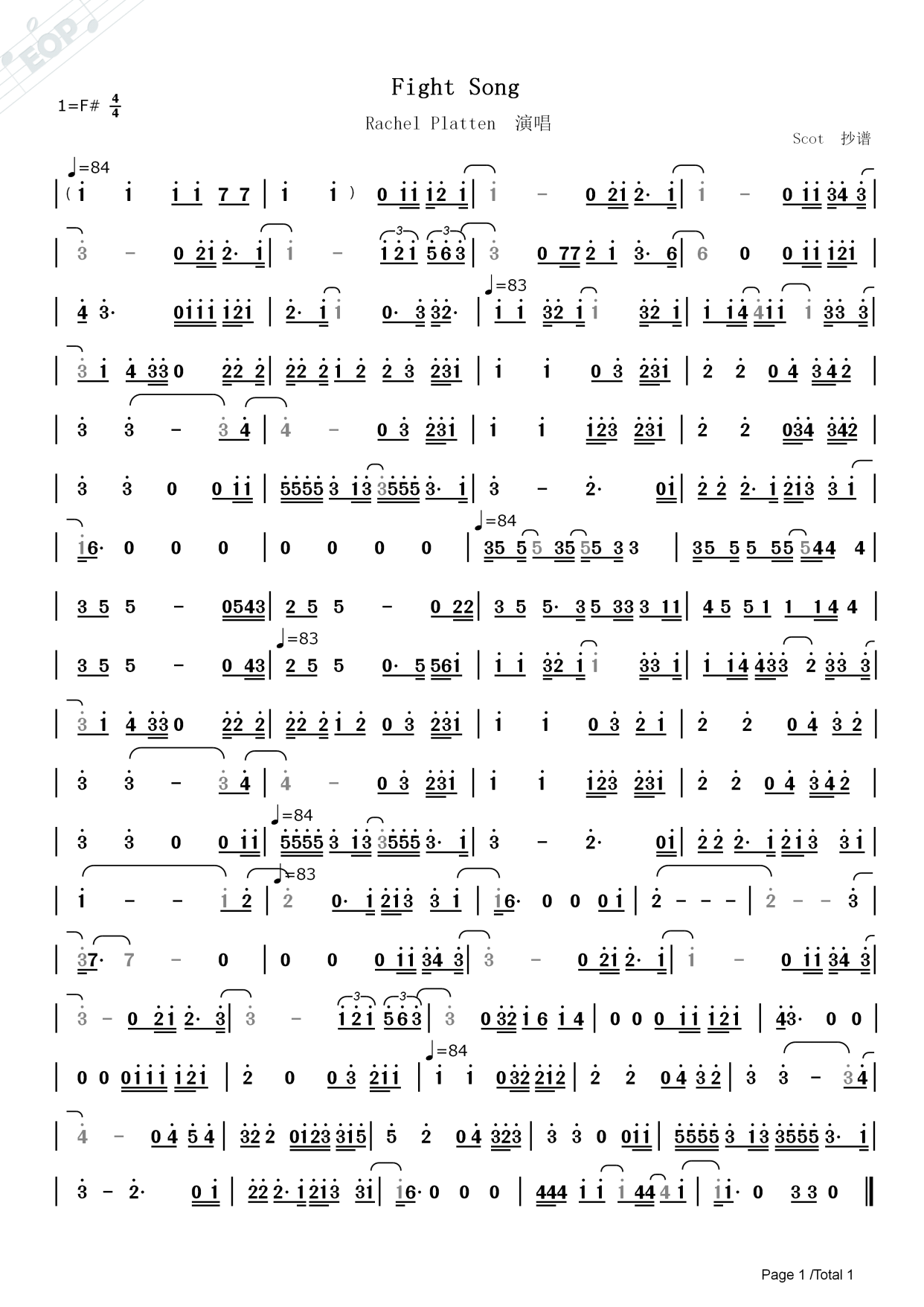 「励志神曲」fight song - rachel platten演唱——动态简谱