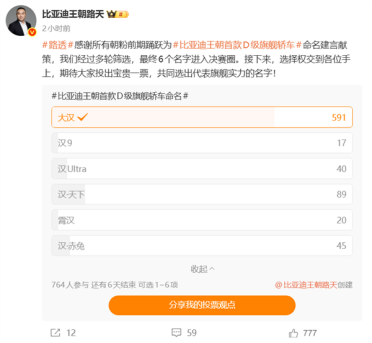 比亚迪王朝首款D级轿车全网征名：“大汉、汉9、汉天下” 你钟意哪个