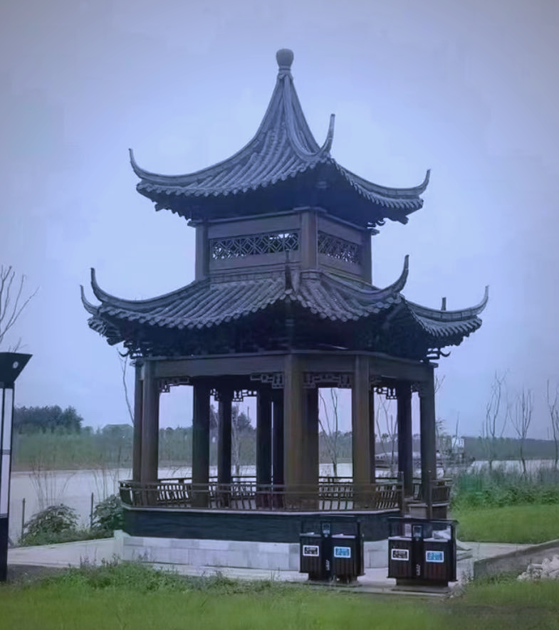 防腐木双层景观八角凉亭图片及安装实例
