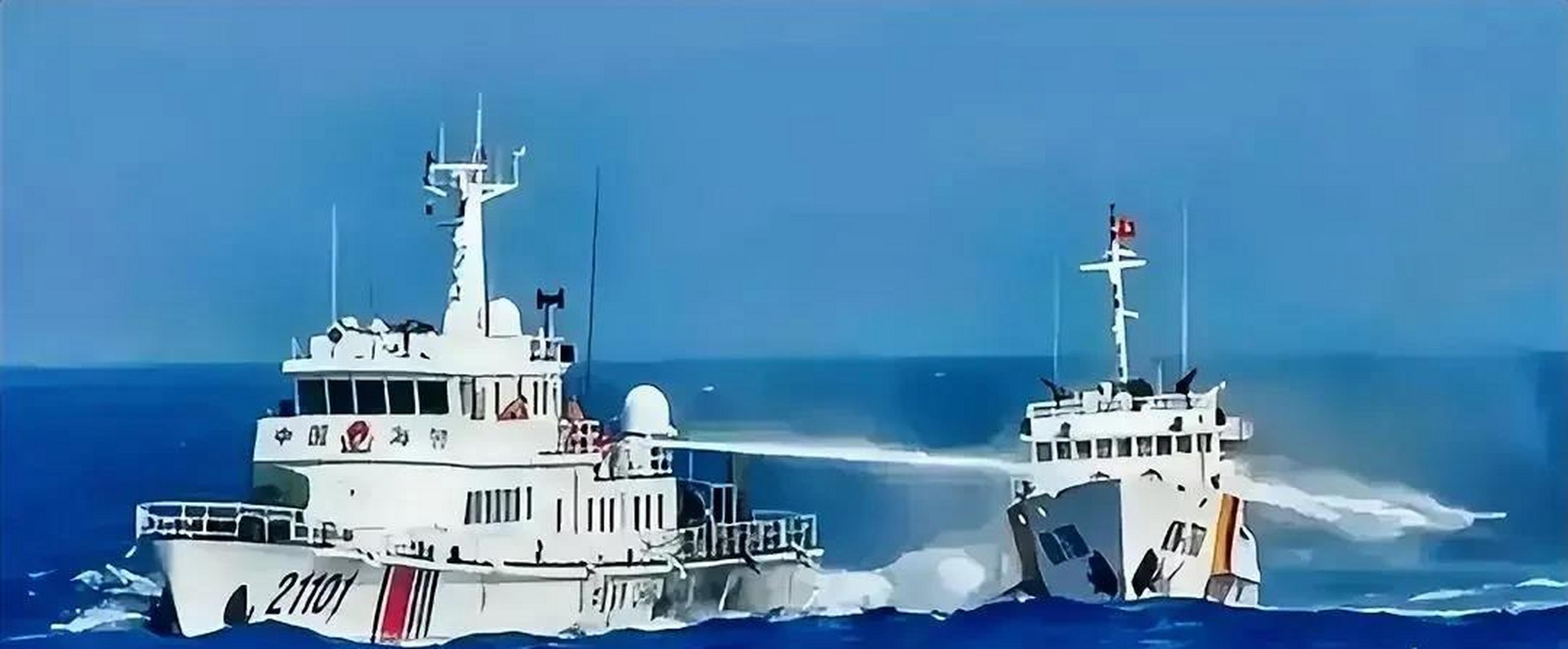 中国海警船在万安滩用"水炮"回击了越南人的非法企图!