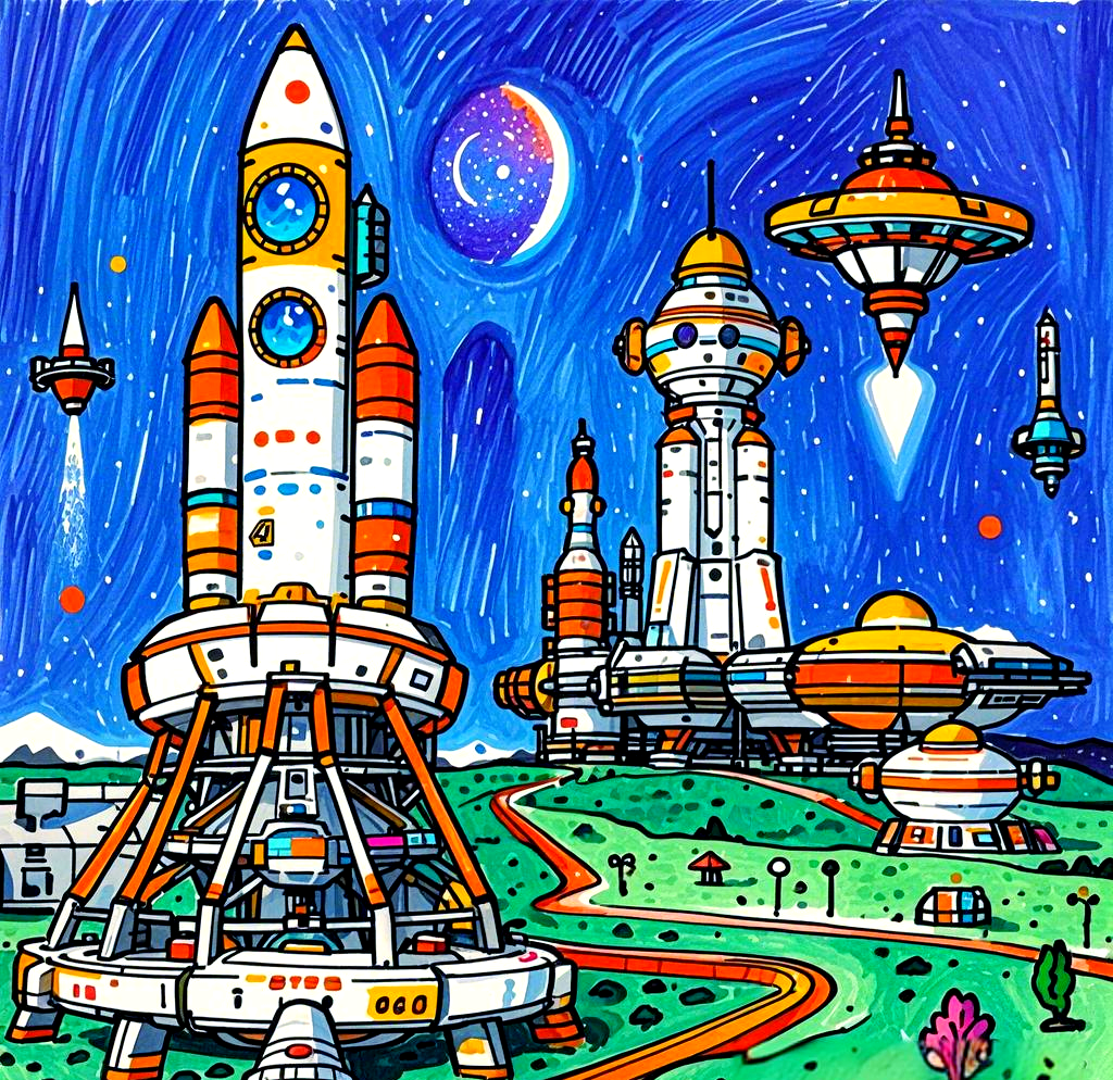 小学美术比赛科技绘画主题:多功能机器与飞船发射探索未来太空