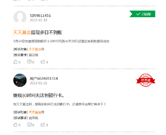 基金315|天天基金网投诉18起 涉及提现多日不到账等问题