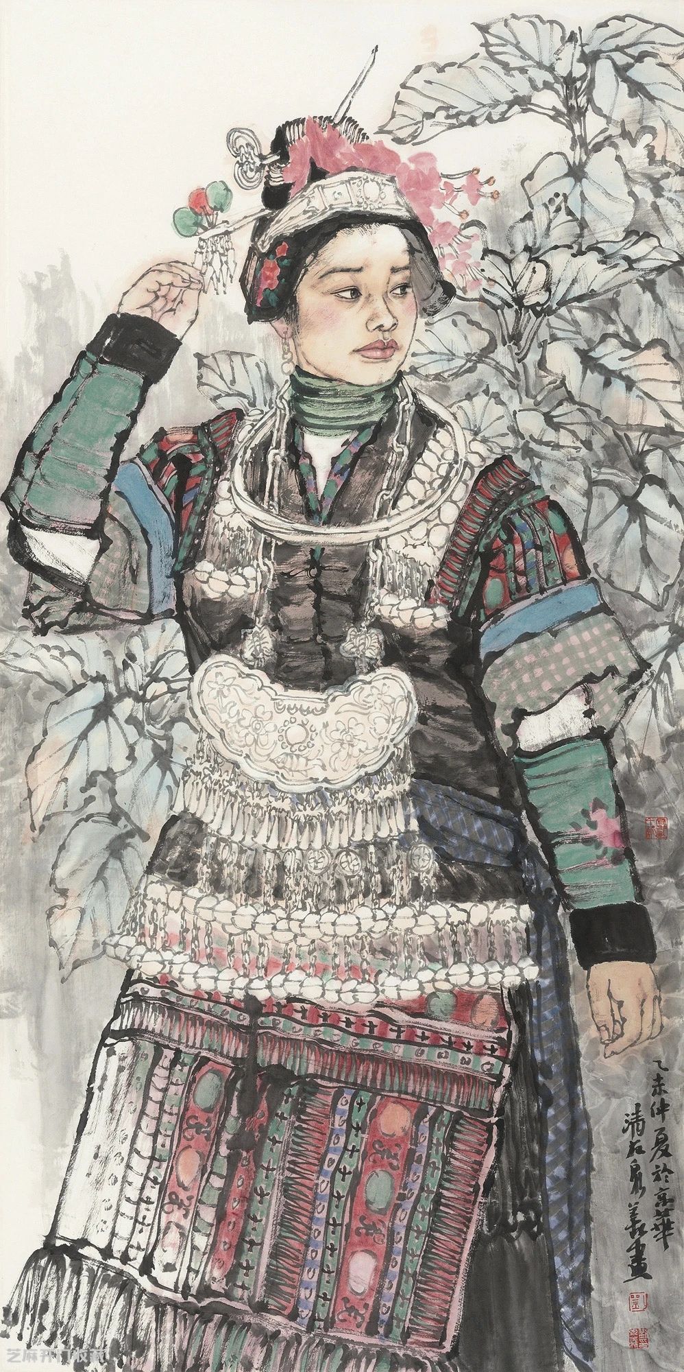 刘泉义工笔苗山苗女:艺术中的少数民族风情的完美呈现