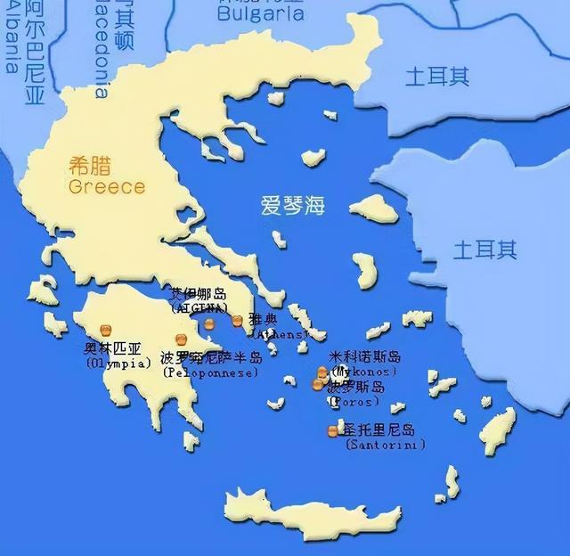 今天的希腊是个国家,来,看下面这张图,黄的那块就是今天的希腊共和国