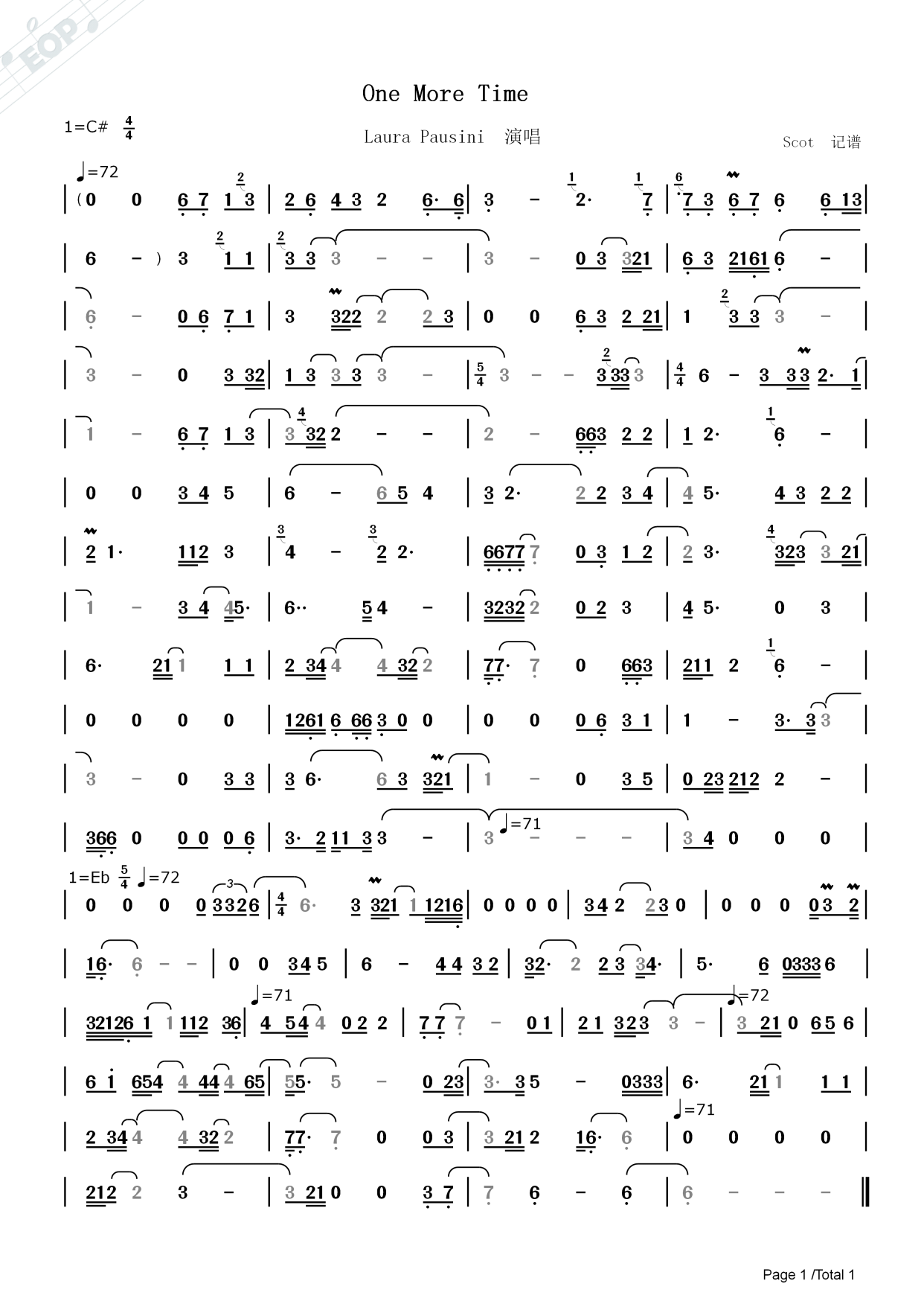 「欧美金曲」one more time——laura pausini演唱——动态简谱