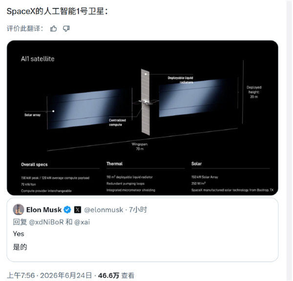 马斯克官宣Starmind太空AI算力项目名称：规划100万颗卫星入轨