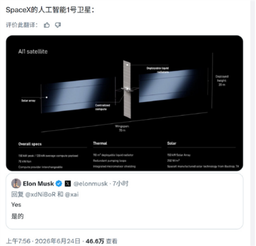 马斯克官宣Starmind太空AI算力项目名称：规划100万颗卫星入轨