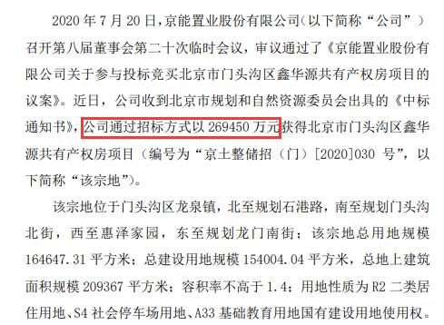 京能置業以26.95億元獲得房地產項目