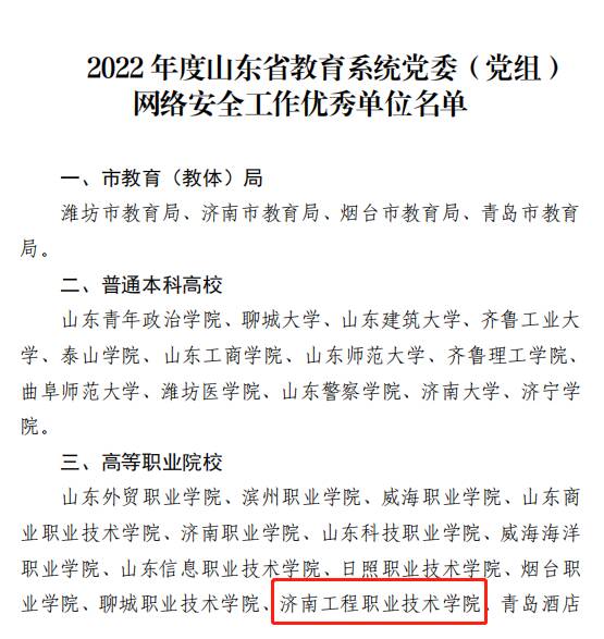 濟南工程職業技術學院獲評2022年度山東省教育系統黨委(黨組)網絡安全