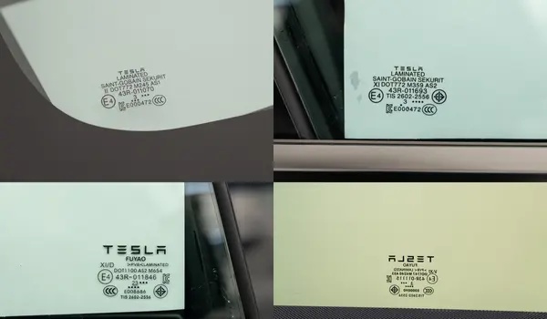 这辆新款的model3,前挡与前侧窗的玻璃制造商是圣戈班,后侧窗与后挡