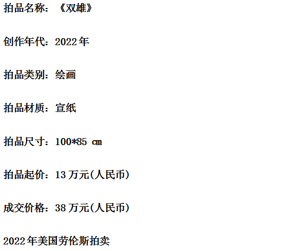 著名书画家郭金栋作品《双雄》以38万元成交