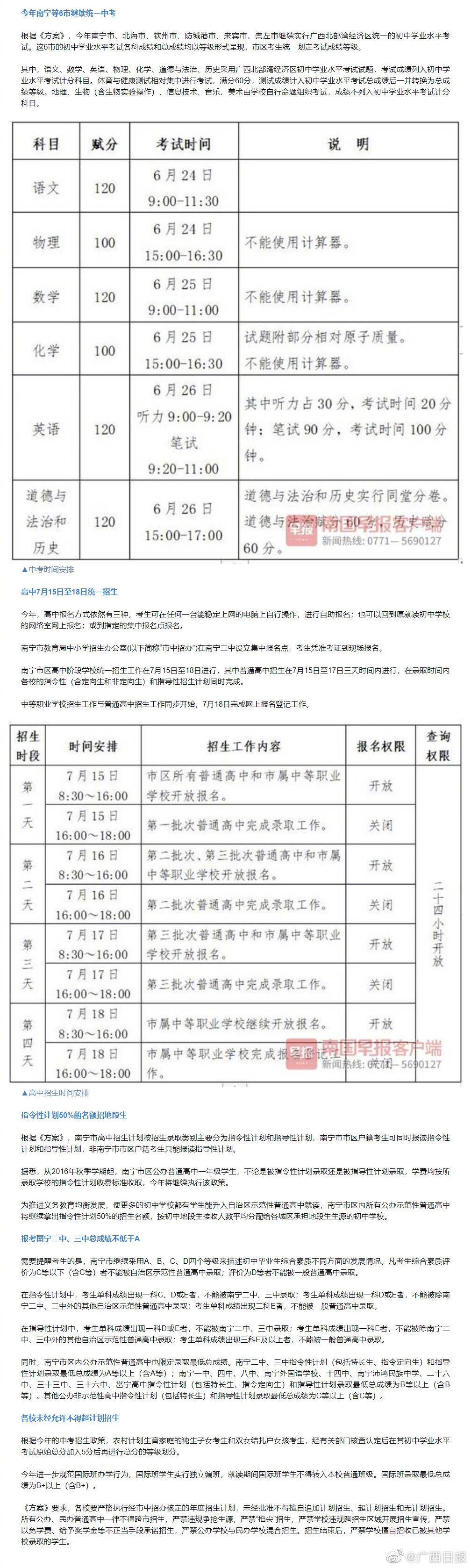 2022年南宁中考高中招生方案发布