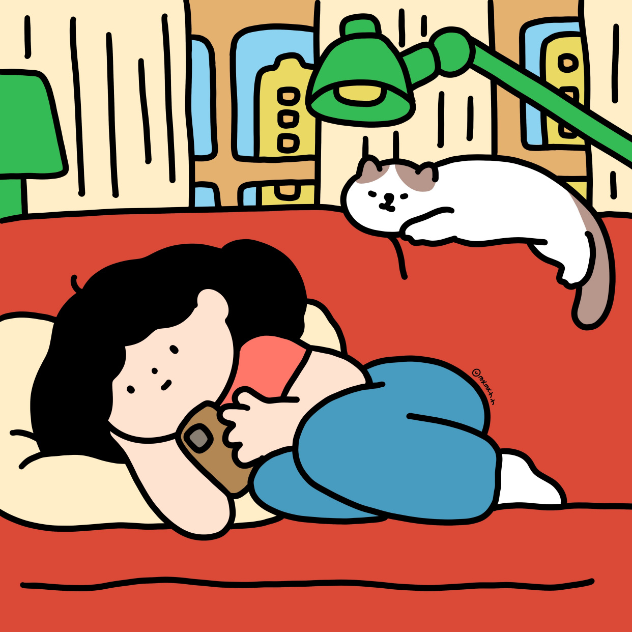 原创插画师:灵灵子子笔下的一人一猫,吃饭玩手机的悠闲生活