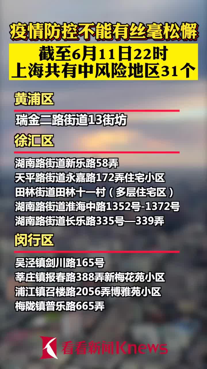 截至6月11日22时上海共有中风险地区31个