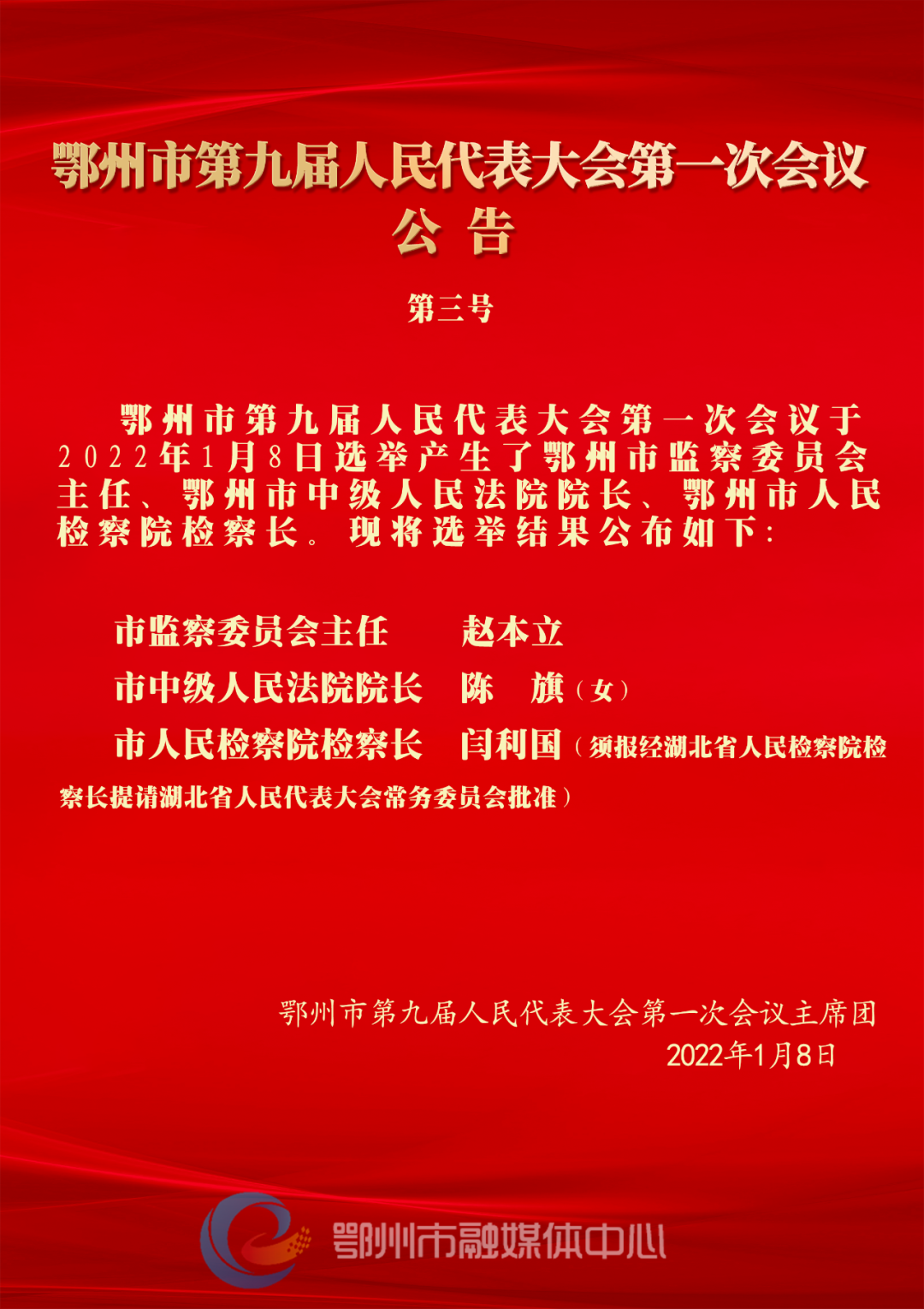 新一届鄂州市人大常委会,市政府,市监委,法检两院领导班子名单出炉!