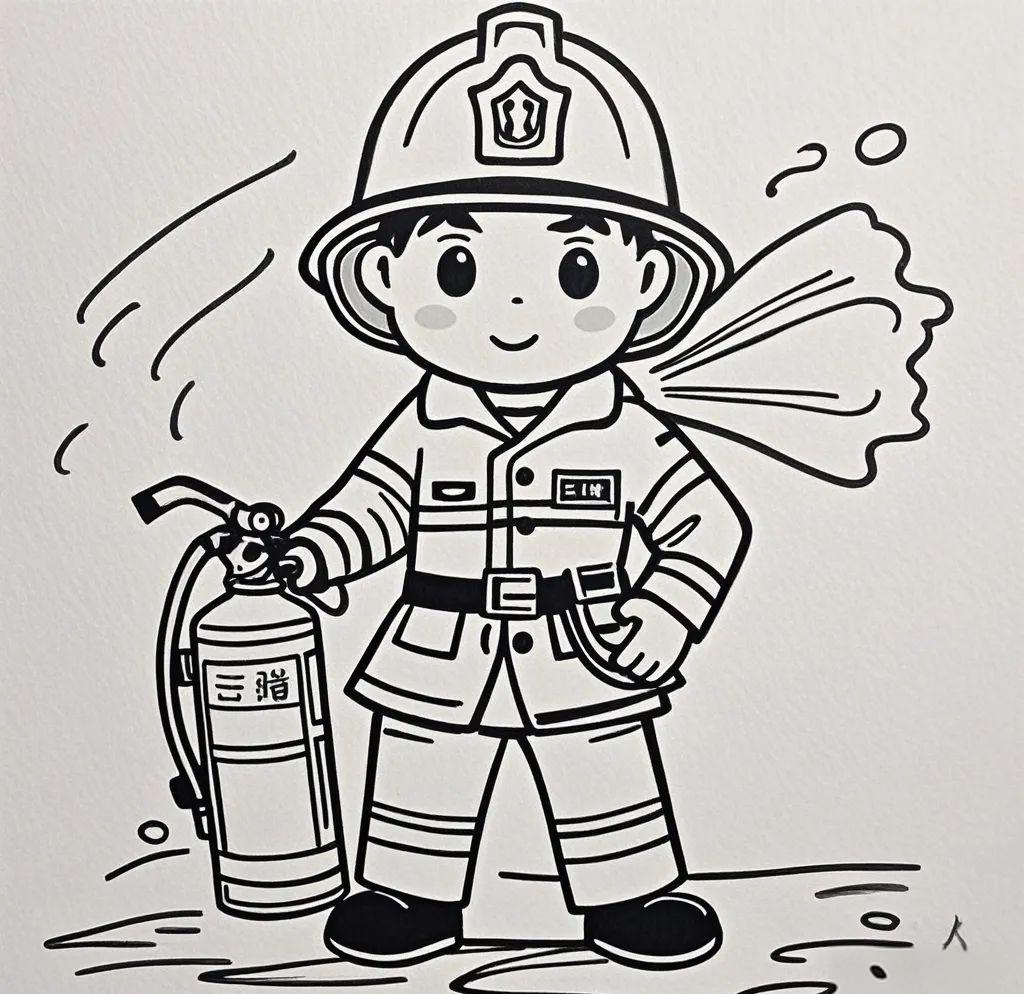 背景中,建筑物上的火焰和烟雾腾腾,与消防员的动作形成鲜明对比