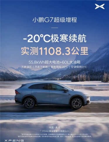 满油满电能跑一个月！何小鹏-20℃冬测：小鹏G7超级增程续航1108.3公里