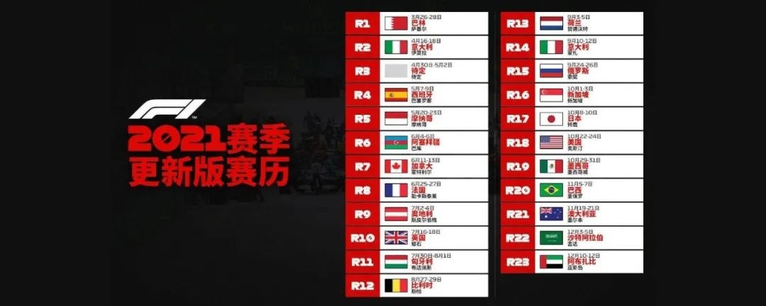 f1更新2021年赛历