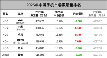 2025国产手机激活量榜单出炉：vivo第一！小米力压苹果拿第二