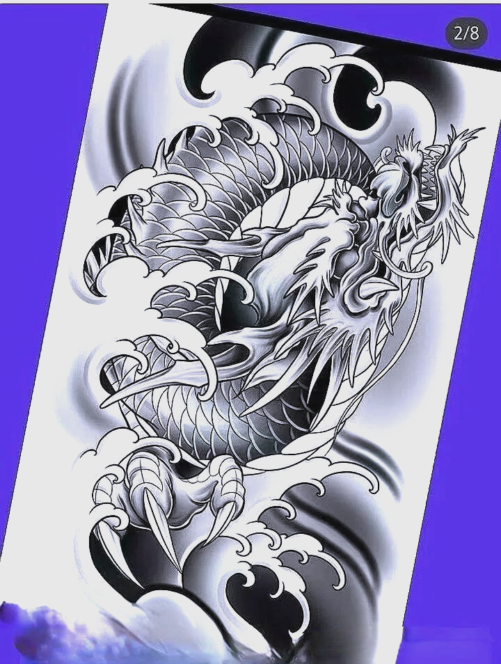 中国龙 满背线条文身手稿精选