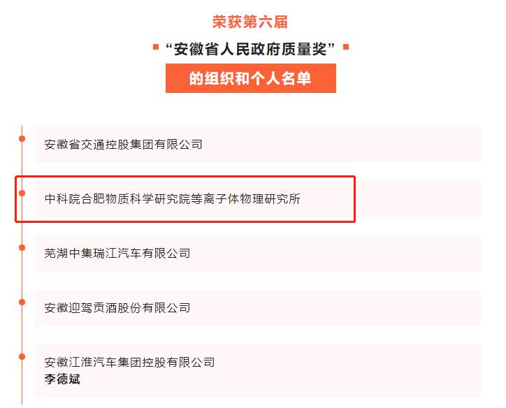 祝賀!中科院合肥物質科學研究院等離子體物理研究所獲省政府表彰