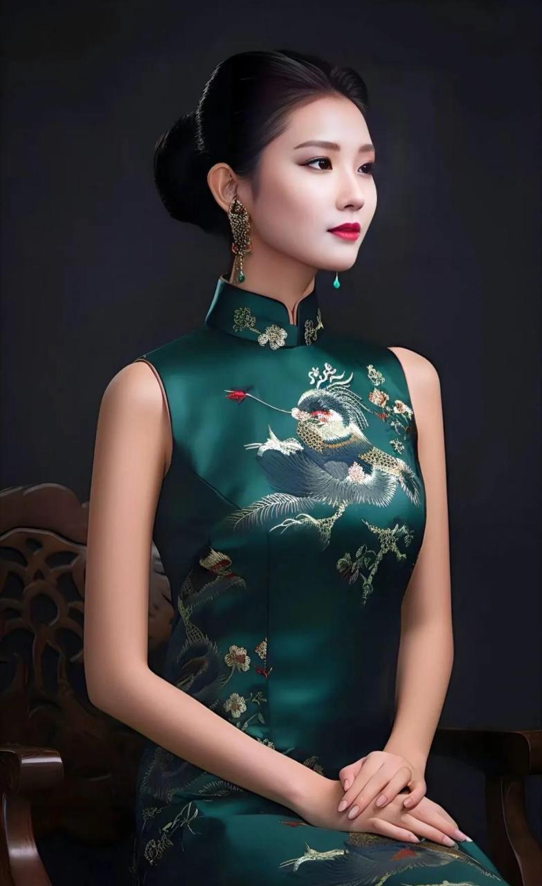 国风青色旗袍美女