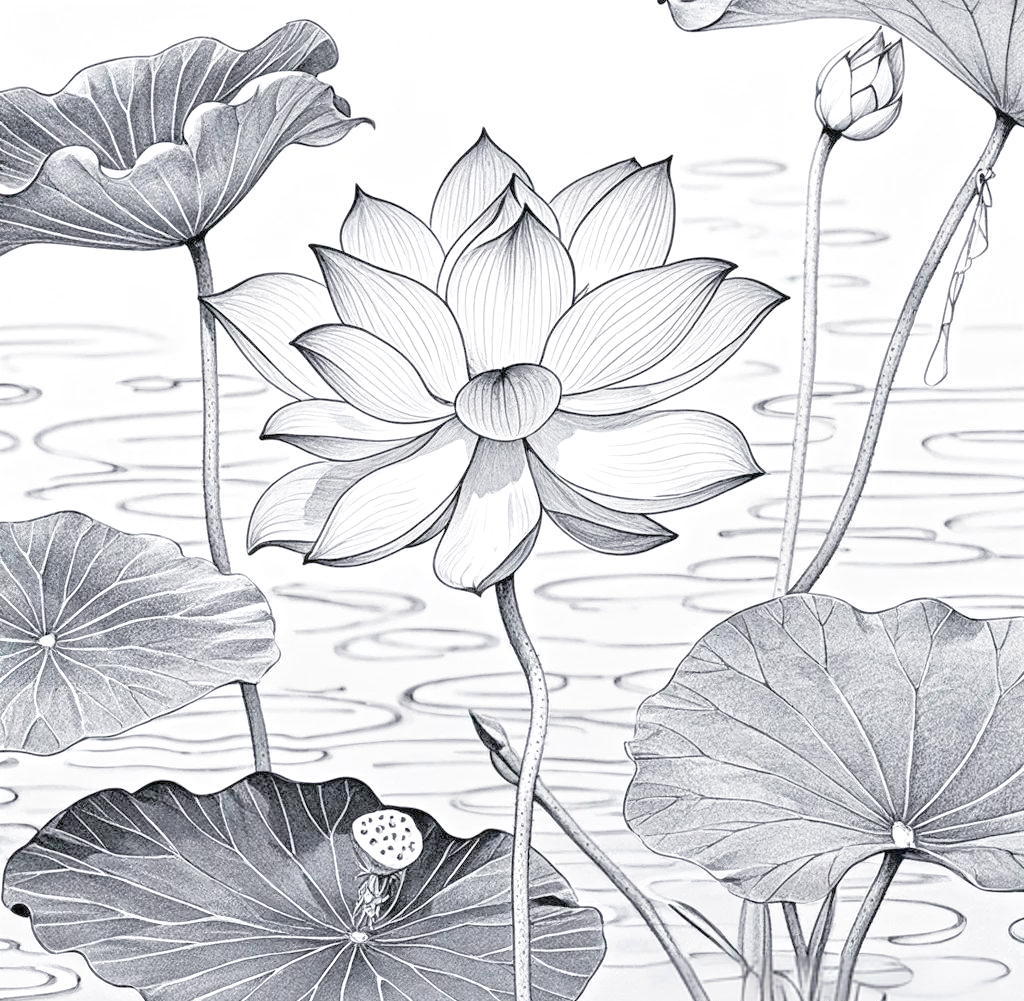 湖中荷花与花海蝴蝶的线描技巧探索