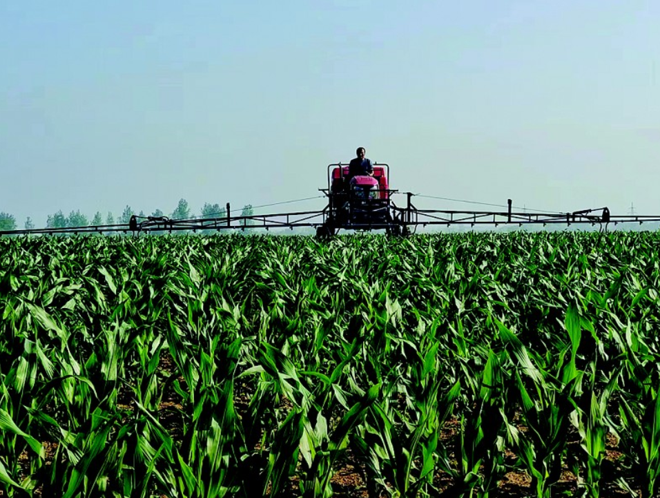 高架喷药车张开双臂18.5米 600余亩地4天半完成打药