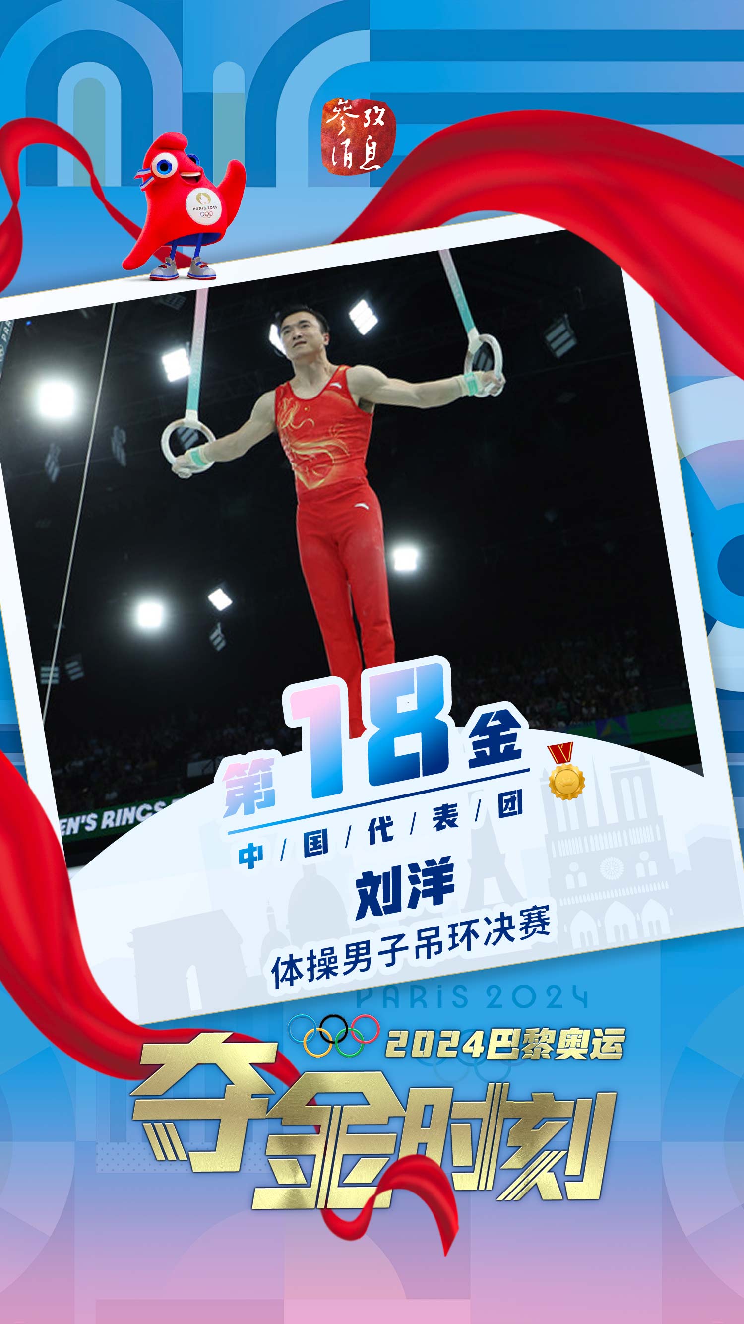 卫冕!中国选手刘洋夺得巴黎奥运会体操男子吊环金牌