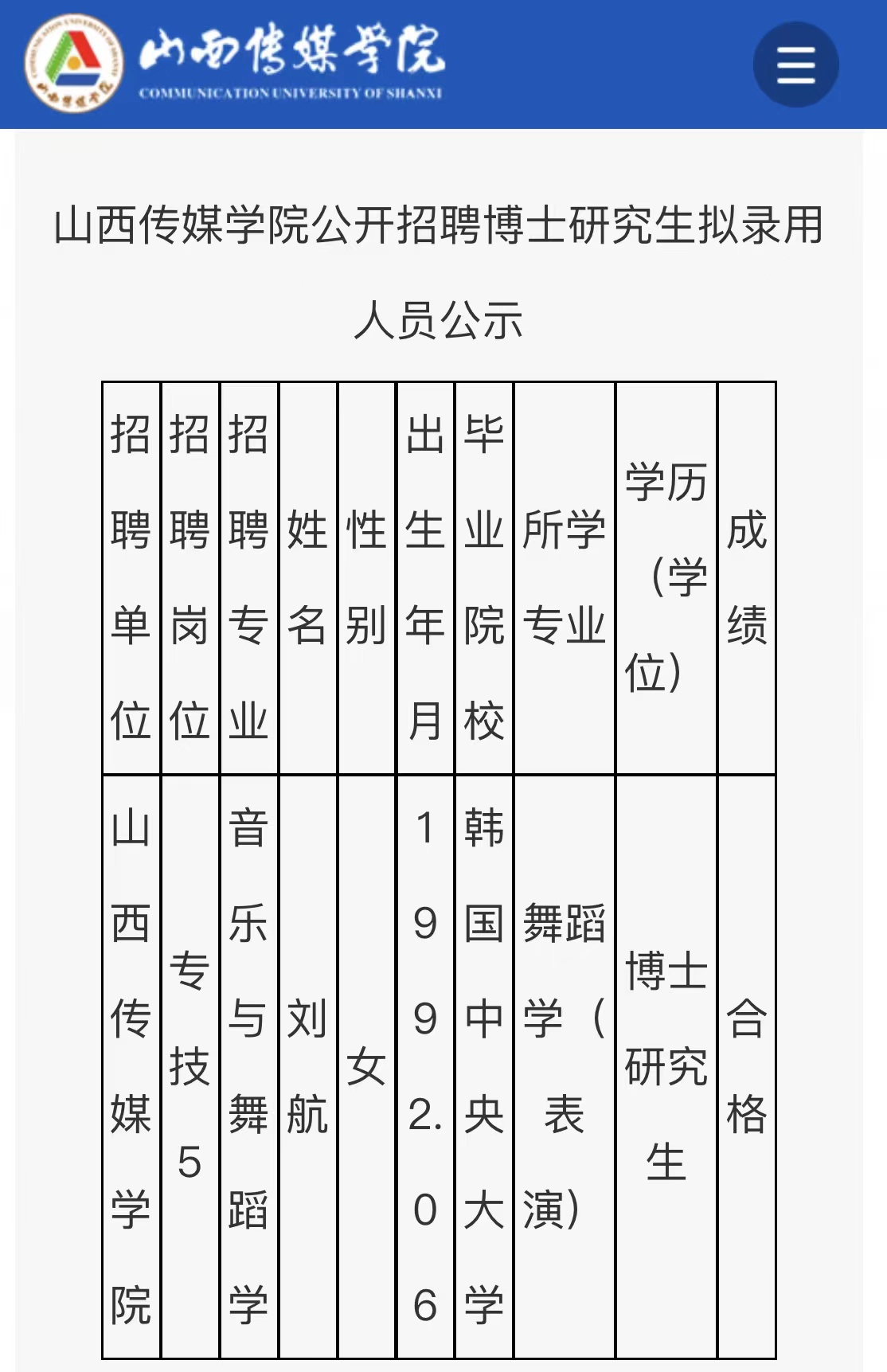 山西传媒学院拟录用博士研究生公示