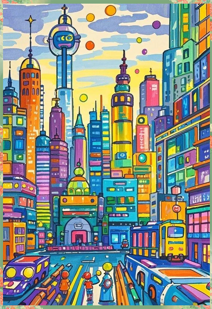 未来城市科幻绘画精选,展现孩子们的无限创意与科技梦想