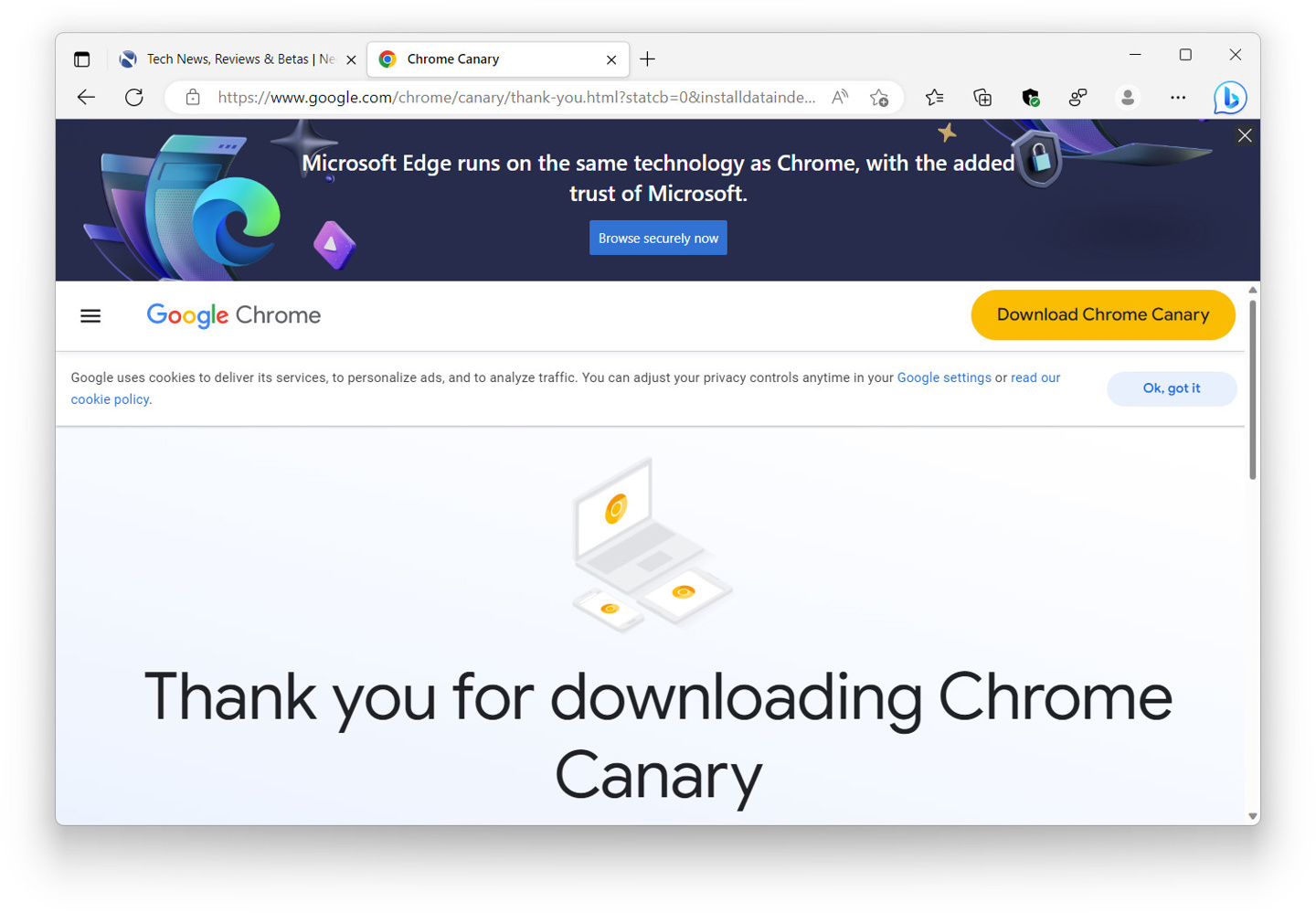 微軟在谷歌 chrome 瀏覽器官網注入全尺寸廣告,希望用戶留在edge