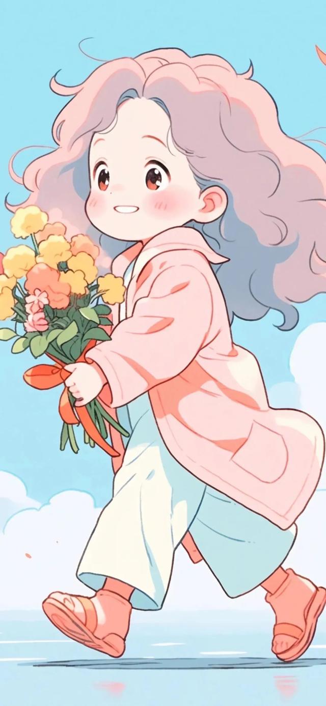 壁纸:卡通手抱鲜花少女