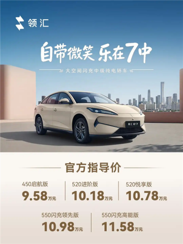 第二代刀片电池上车！比亚迪领汇e7上市：售价9.58万元起