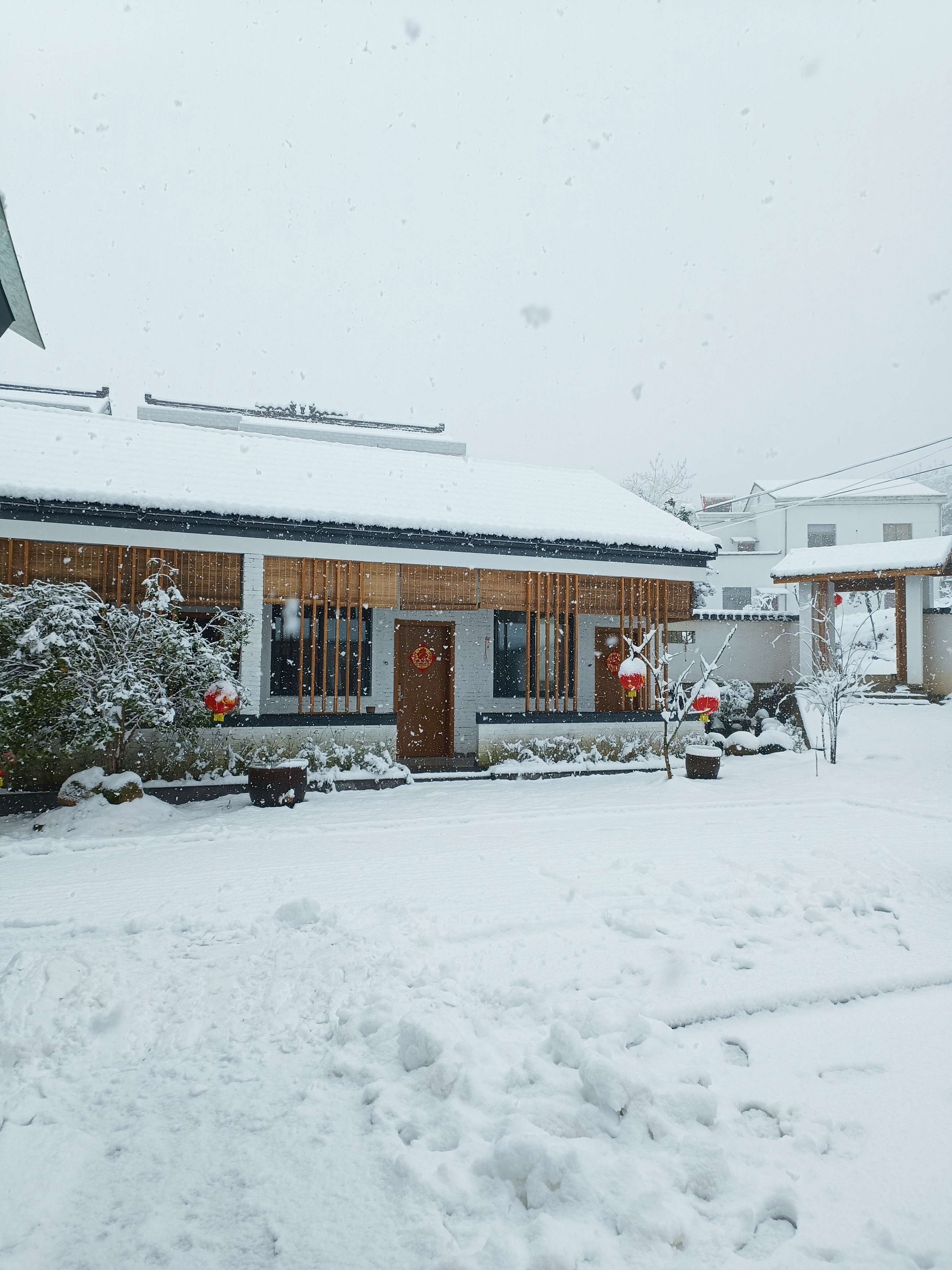 一夜之间,下起了大雪,生态乡村民宿院子银装素裹,让人兴奋不已