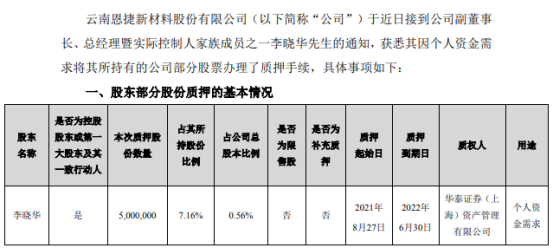 恩捷股份副董事长李晓华质押500万股 用于个人资金需求